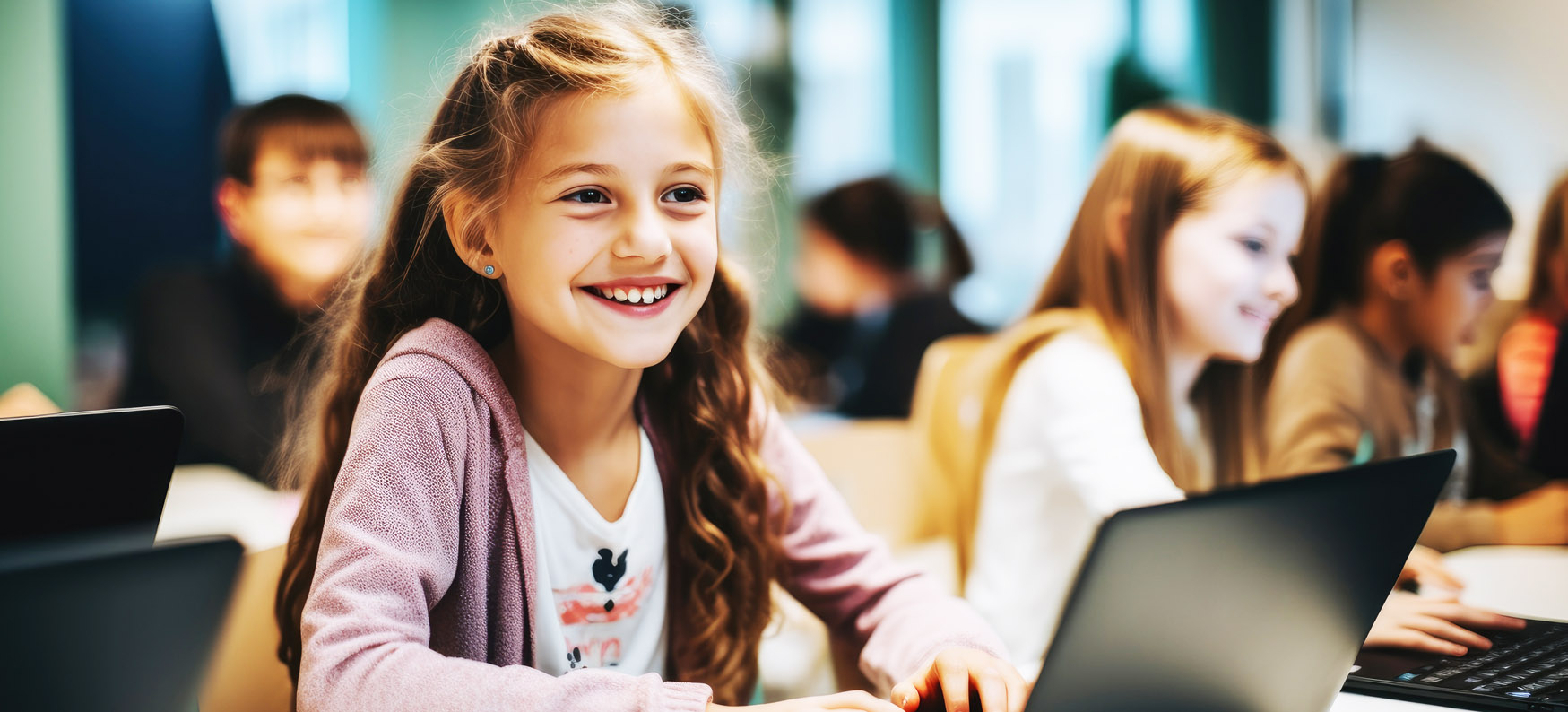 Girl in classroom with a laptop smiling